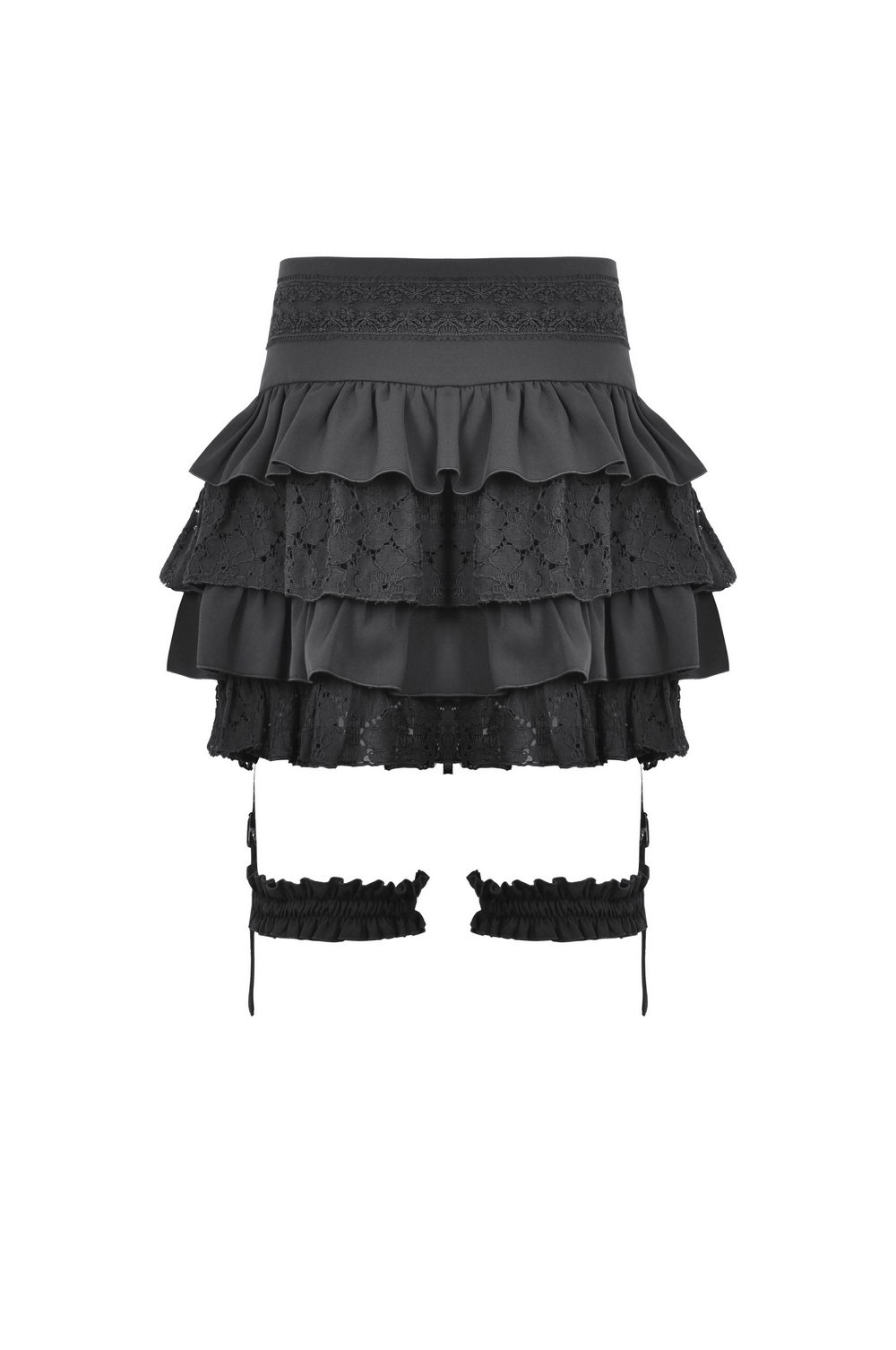 Gothic layered ruffle mini skirt in black with lace details and garters for a bold, stylish look.