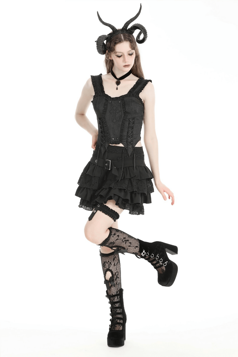 Gothic layered ruffle mini skirt with lace and belt worn by model with horns and stylish knee-high stockings.