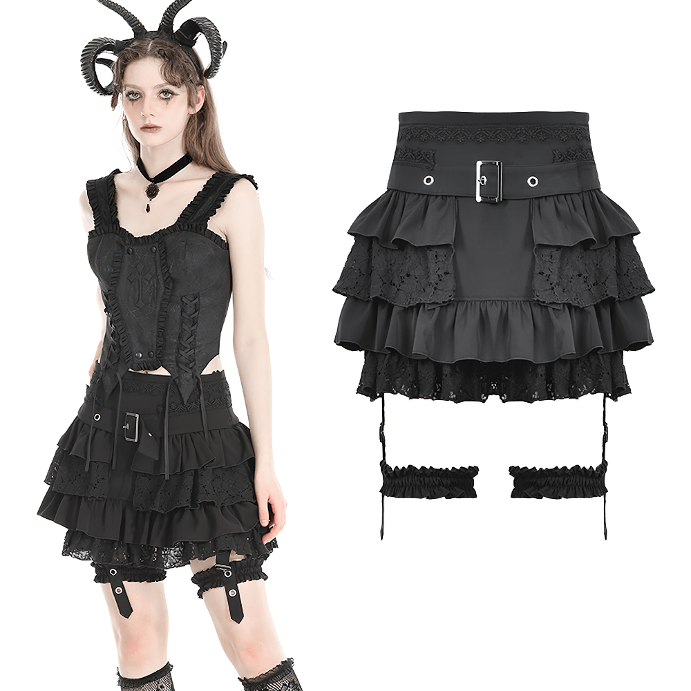 Gothic layered ruffle mini skirt with belt and lace details, featuring garters for a striking gothic look.