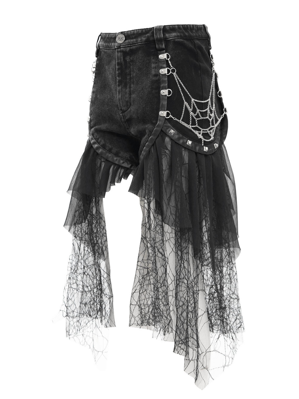 Gothic layered shorts with tulle and chain details, perfect for punk style enthusiasts and festival looks.