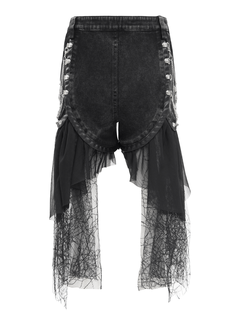 Gothic layered shorts featuring tulle and chain accents for a punk-inspired look. Perfect for edgy festival outfits.