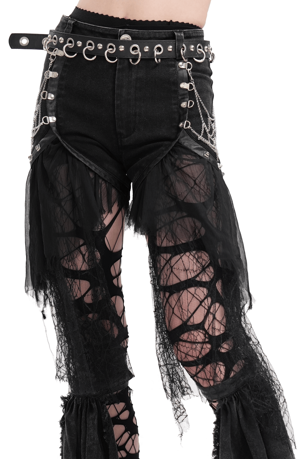 Gothic layered shorts with tulle and chain details, featuring edgy denim and punk-inspired style. Perfect for alternative fashion!