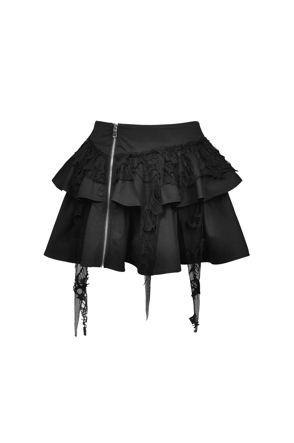 Gothic layered mini skirt with ruffles, lace accents, and zipper detail, perfect for alternative fashion.