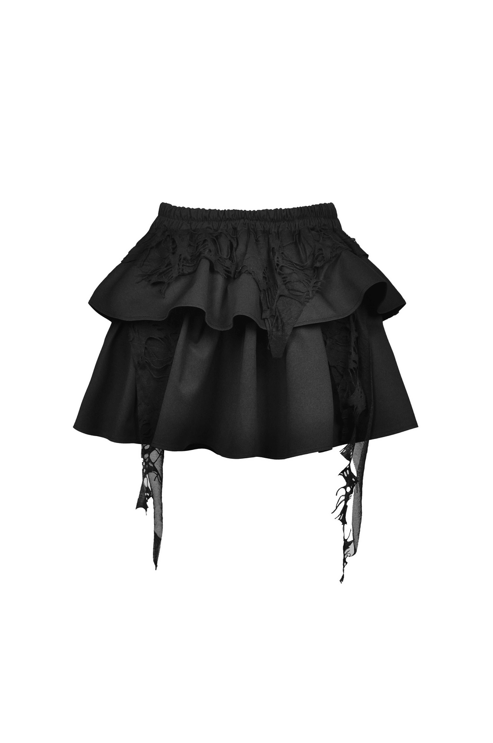 Gothic layered mini skirt featuring dramatic ruffles and lace detailing, perfect for alternative fashion lovers.