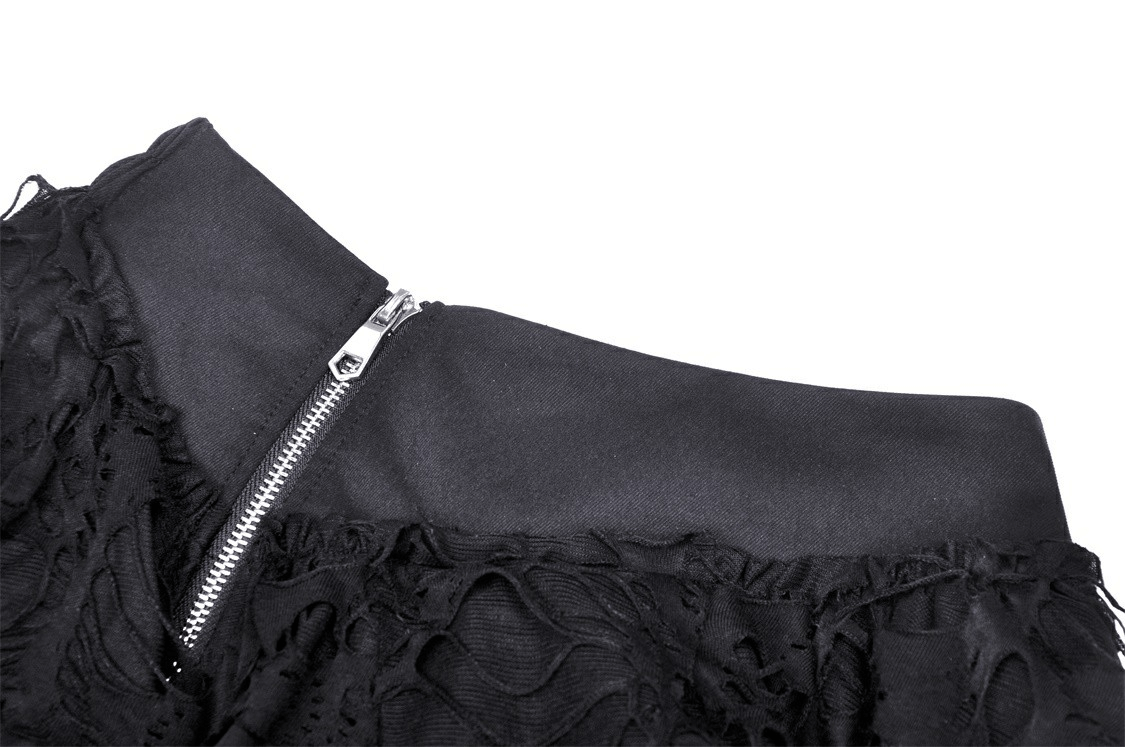 Close-up of a Gothic layered skirt showcasing ruffles and a stylish zipper accent, perfect for alternative fashion lovers.