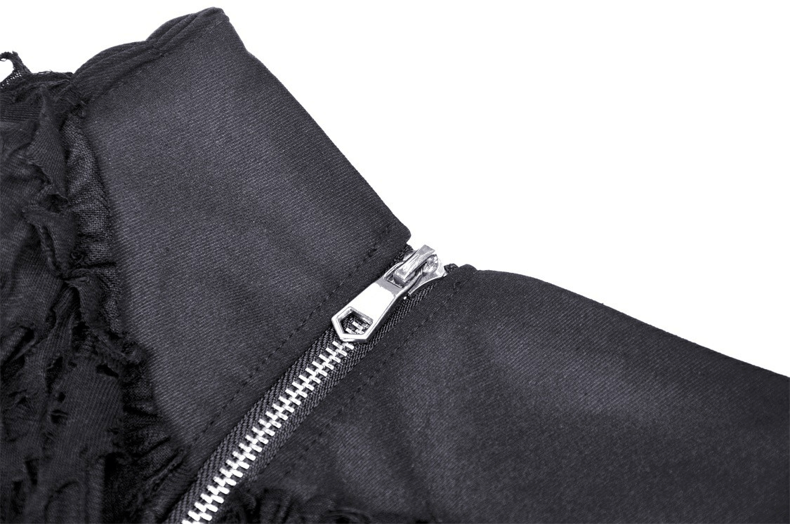 Close-up of black Gothic skirt zipper accent details and ruffle texture for edgy alternative fashion.