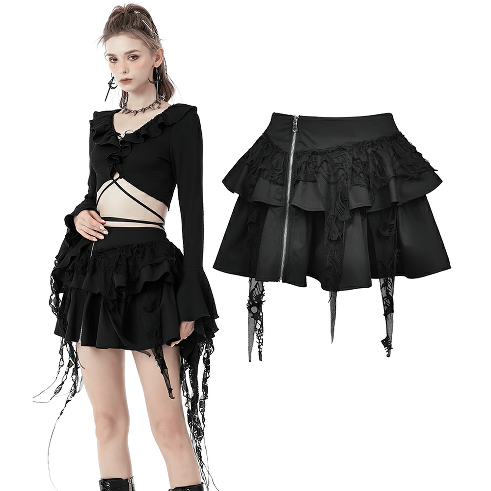 Gothic layered skirt with ruffles, zipper accent, and lace details, perfect for alternative fashion lovers.