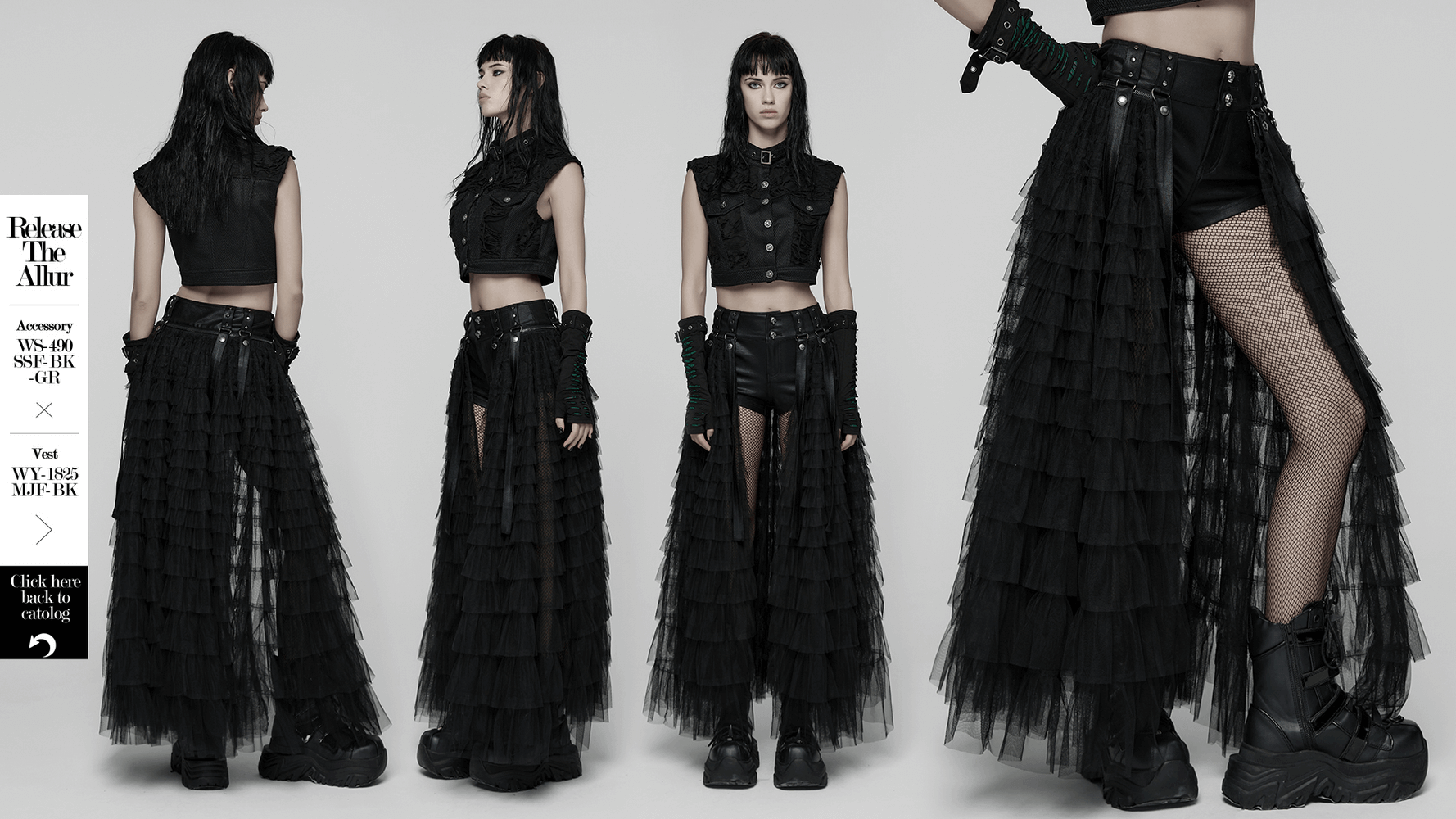 Gothic Layered Tulle Skirt-Shorts with Punk Studs and Skulls showcased from multiple angles on a model.