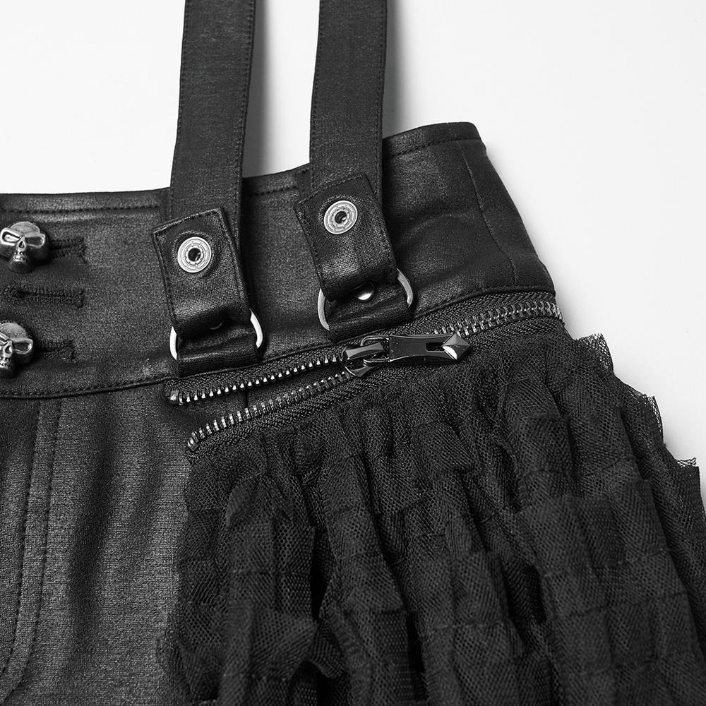 Gothic Layered Tulle Skirt-Shorts with Punk Studs and Skulls close-up of details including straps and tulle layer.