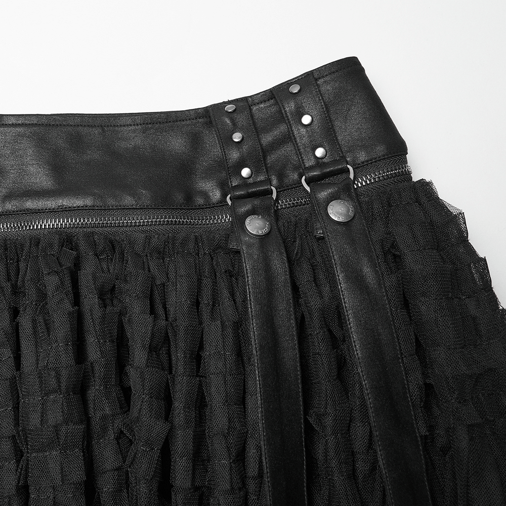 Gothic Layered Tulle Skirt-Shorts with Punk Studs and Skulls, featuring a stylish black waistband and detailed embellishments.