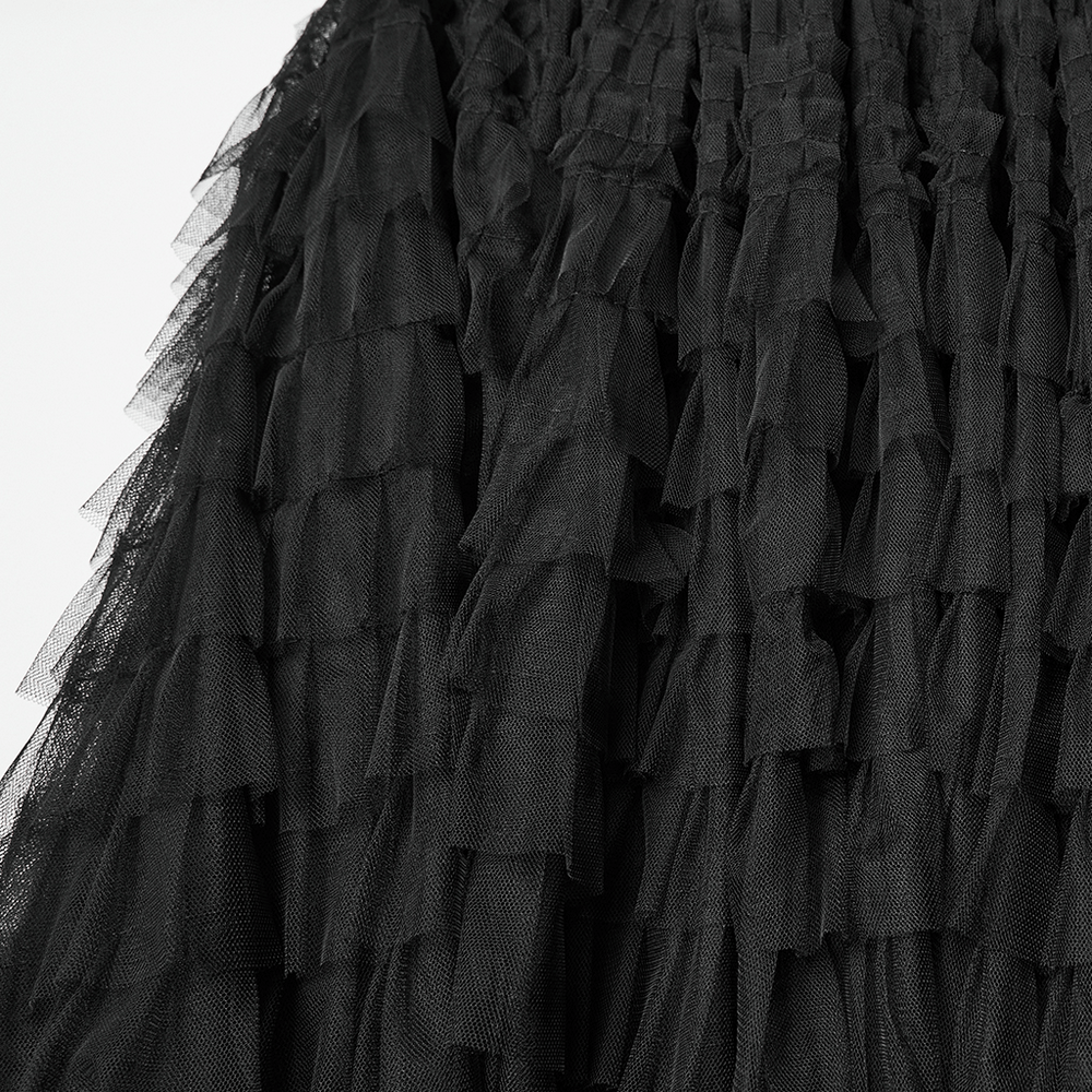 Gothic Layered Tulle Skirt-Shorts with Punk Studs and Skulls showcasing a close-up of black layered tulle.