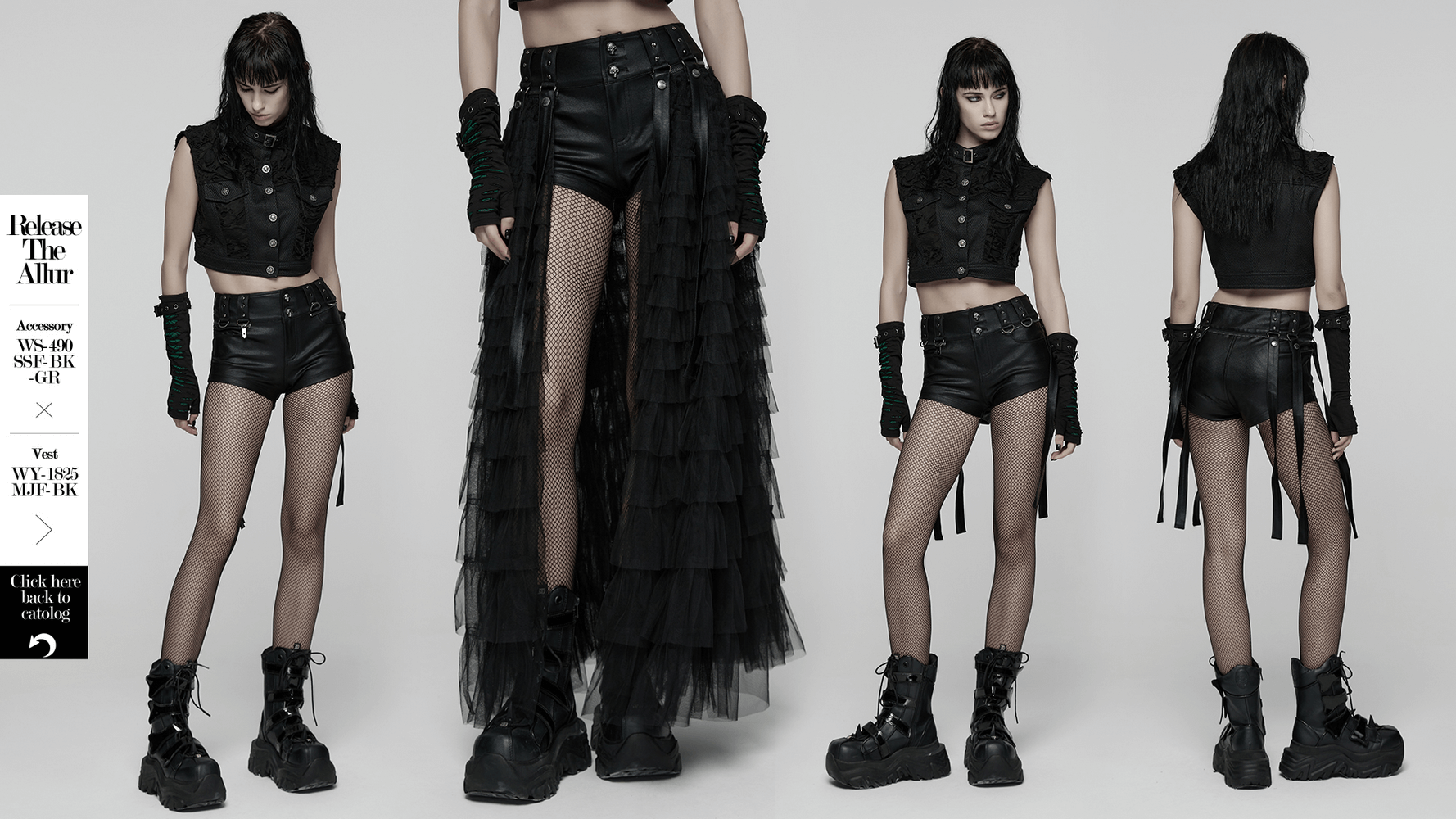 Gothic Layered Tulle Skirt-Shorts with Punk Studs and Skulls showcased in a stylish, edgy outfit.