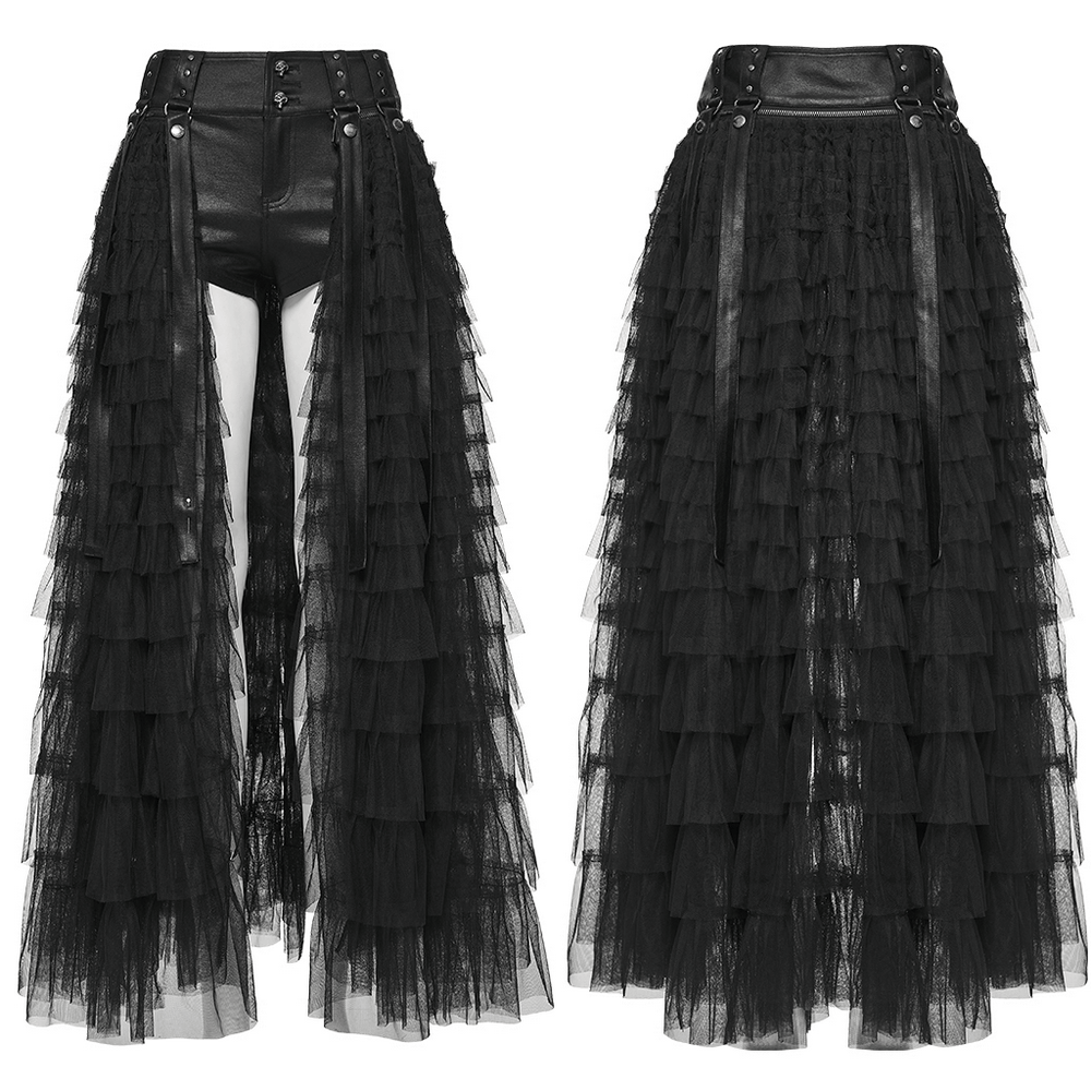 Gothic Layered Tulle Skirt-Shorts with Punk Studs and Skulls, featuring dramatic tulle layers and edgy design.