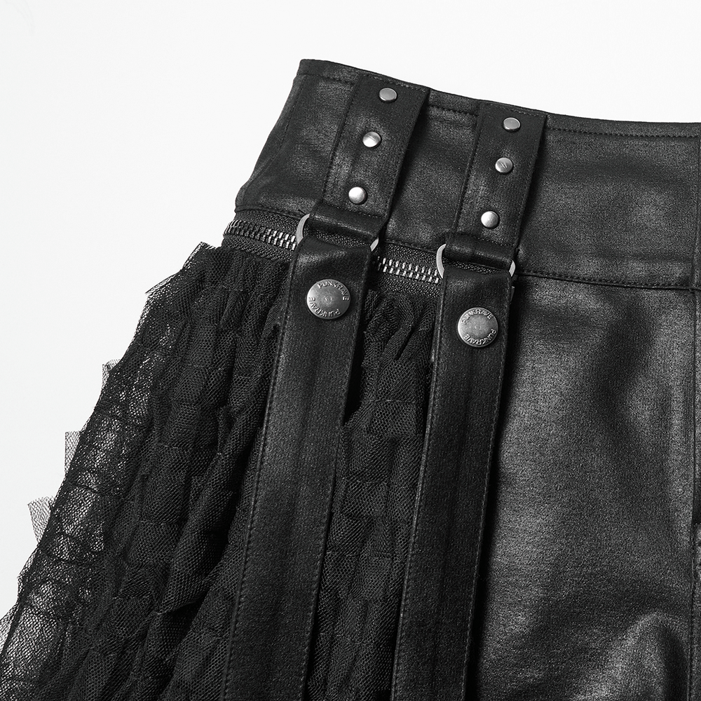 Gothic Layered Tulle Skirt-Shorts with Punk Studs and Skulls close-up showcasing unique tulle and studded details.