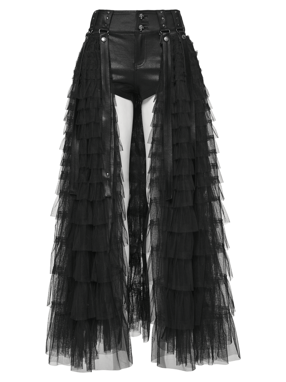 Gothic Layered Tulle Skirt-Shorts with Punk Studs and Skulls featuring layered tulle and black shorts.