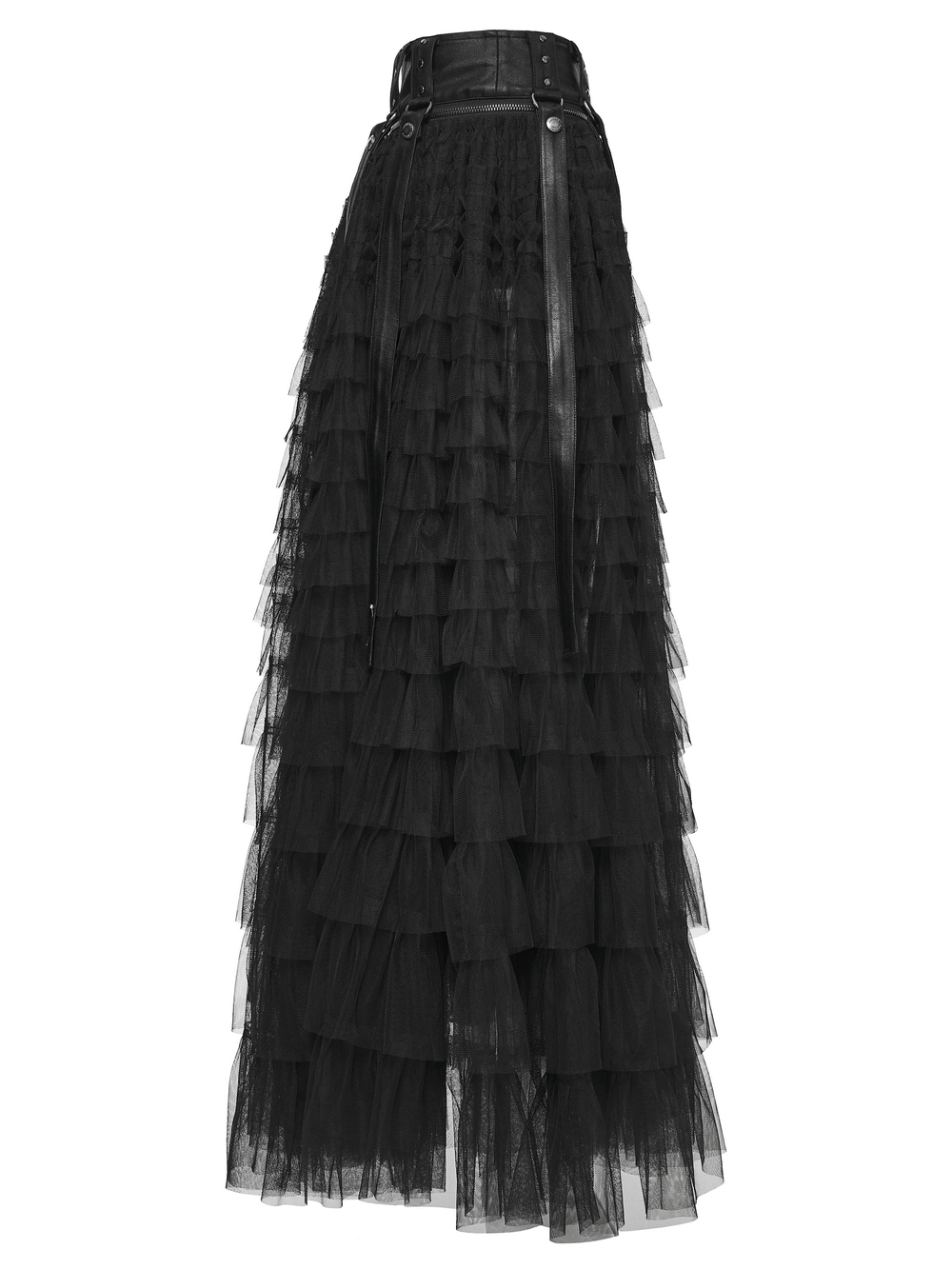 Gothic Layered Tulle Skirt-Shorts with Punk Studs and Skulls showcasing a stylish black layered tulle design.
