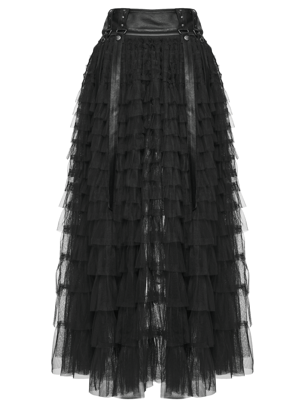 Gothic Layered Tulle Skirt-Shorts with Punk Studs and Skulls, showcasing a dramatic layered design with edgy details.