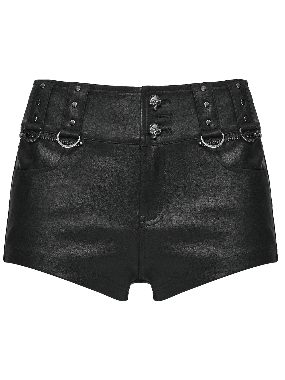 Gothic Layered Tulle Skirt-Shorts with Punk Studs and Skulls featuring edgy black fabric and metal studs.