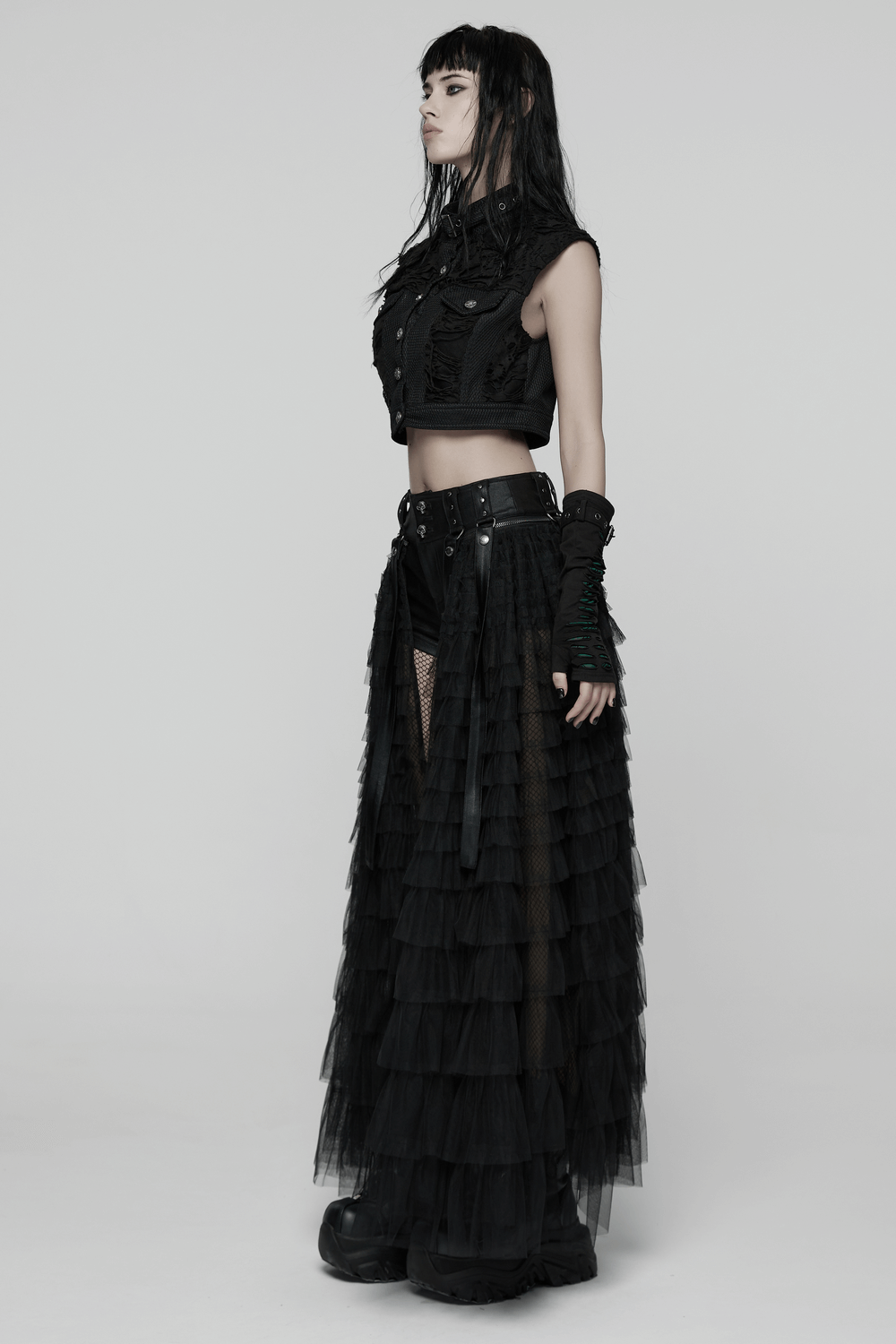 Gothic Layered Tulle Skirt-Shorts with Punk Studs and Skulls showcased on a model in a dark, edgy style.