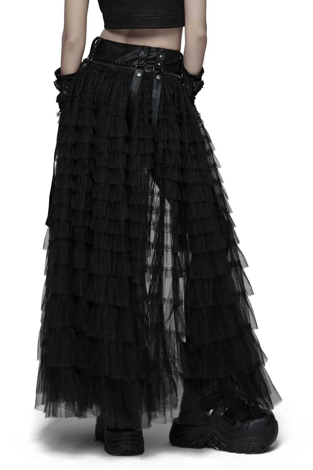 Gothic Layered Tulle Skirt-Shorts with Punk Studs and Skulls, showcasing a stylish layered design.