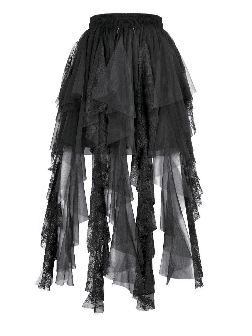 Gothic Layered Tulle Skirt with Asymmetrical Hem in black with layered mesh and lace panels and dramatic tattered strips.