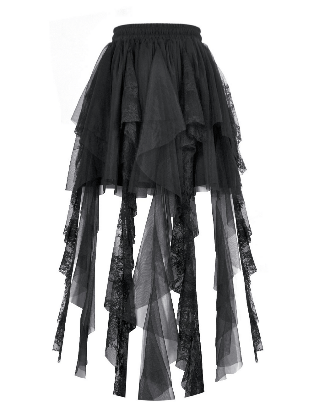 Gothic Layered Tulle Skirt with Asymmetrical Hem featuring dramatic black mesh and lace layers.