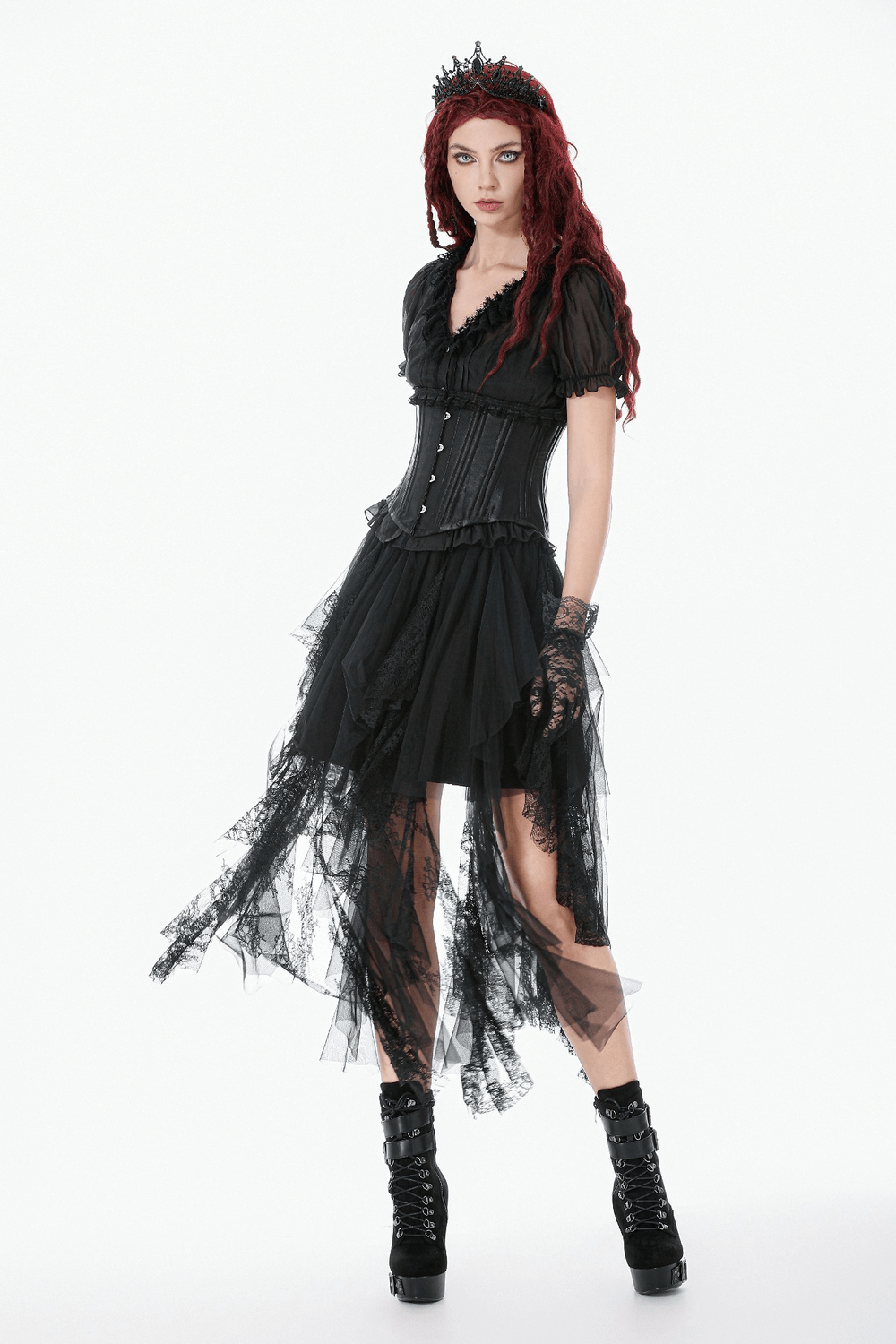 Gothic Layered Tulle Skirt with Asymmetrical Hem paired with a corset and accessories for a dramatic look.