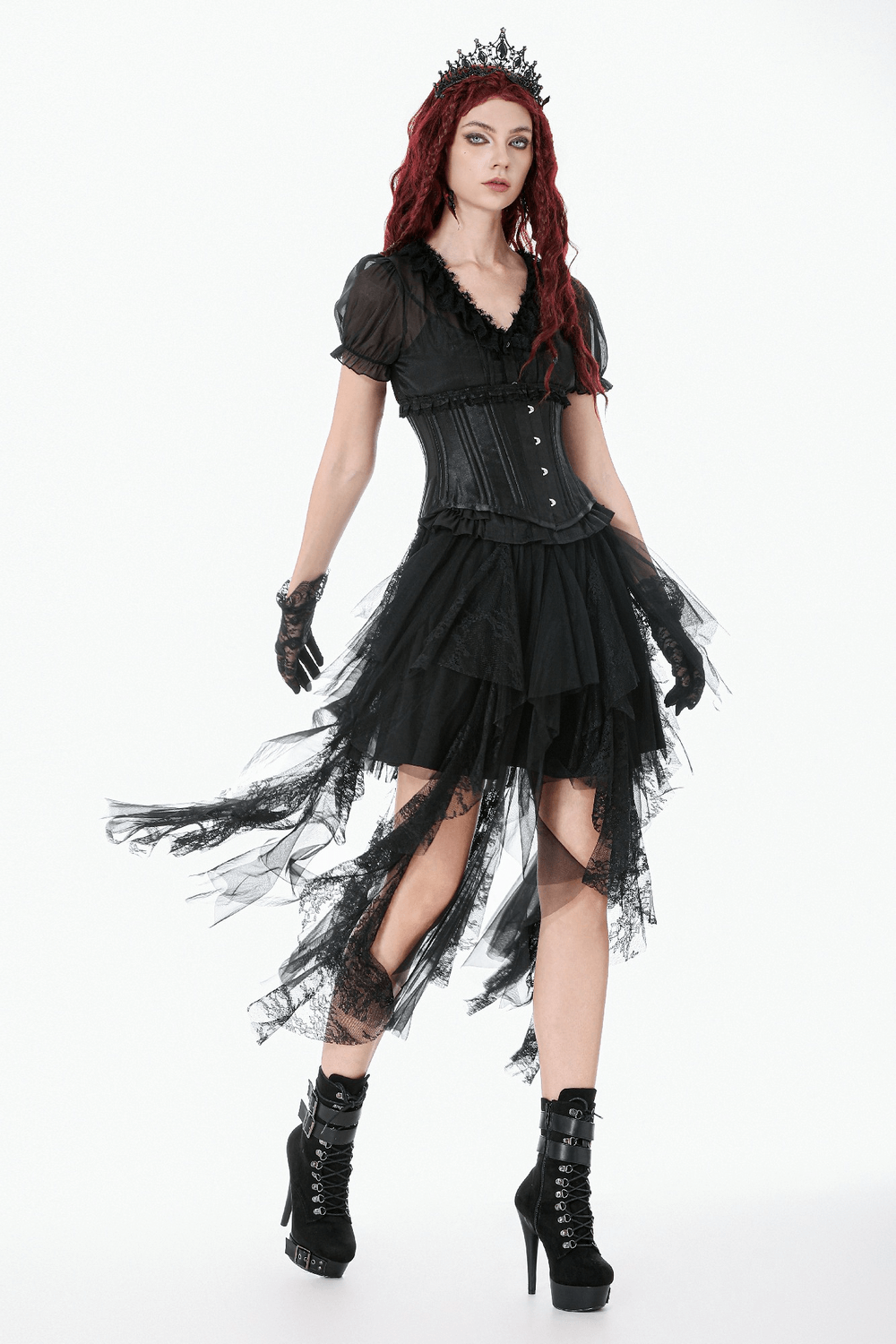 Gothic Layered Tulle Skirt with Asymmetrical Hem worn with corset, dramatic layers, and edgy accessories.