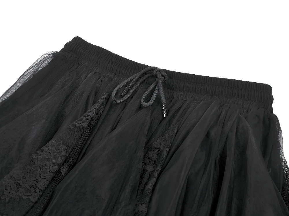 Gothic Layered Tulle Skirt with Asymmetrical Hem featuring black mesh and lace details.