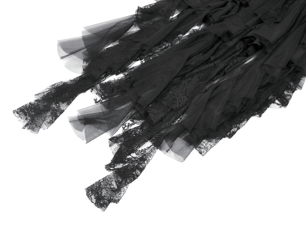 Gothic Layered Tulle Skirt with Asymmetrical Hem showcasing dramatic black mesh and lace layers.