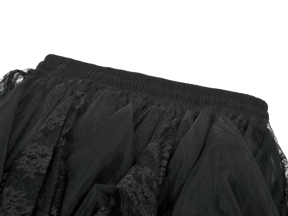 Close-up of the elastic waistband of the Gothic Layered Tulle Skirt with Asymmetrical Hem showcasing black mesh and lace.