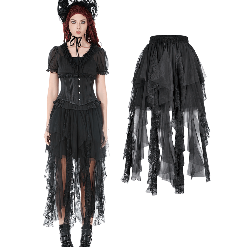 Gothic Layered Tulle Skirt with Asymmetrical Hem featuring layered mesh and lace for a dramatic look.