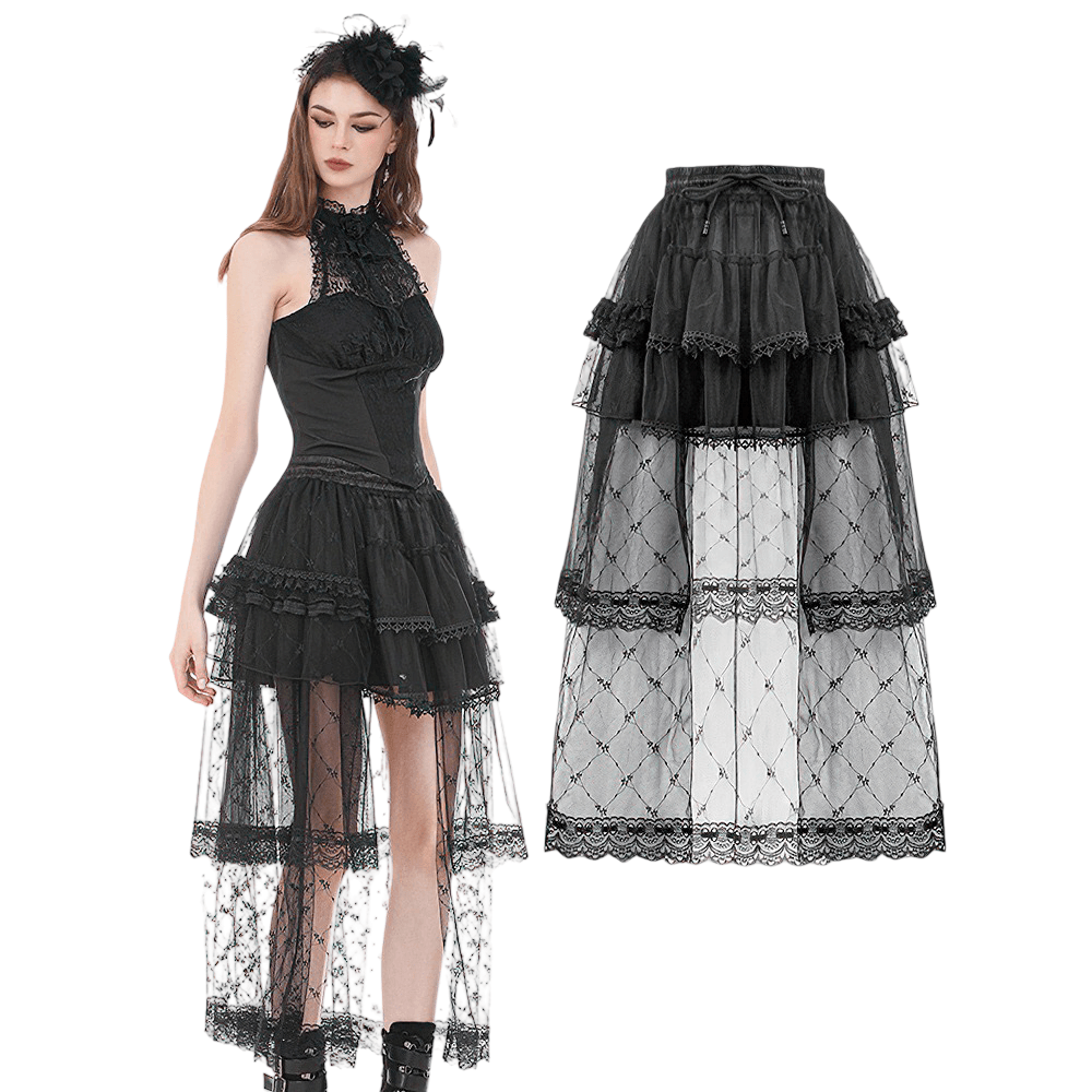 Gothic Layered Tulle Skirt with Lace Overlay Panels