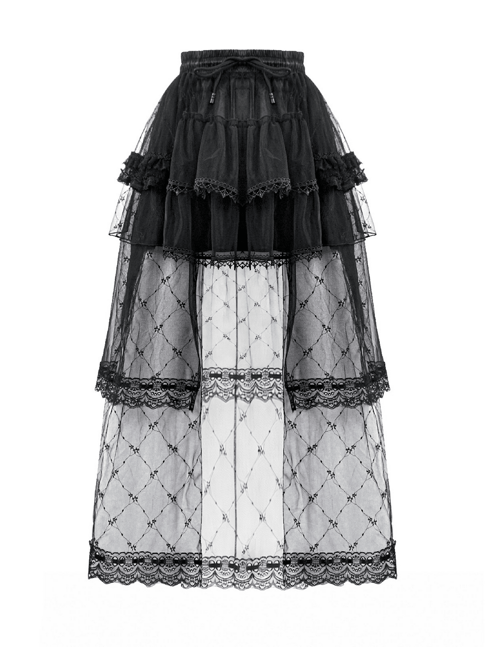 Gothic Layered Tulle Skirt with Lace Overlay Panels