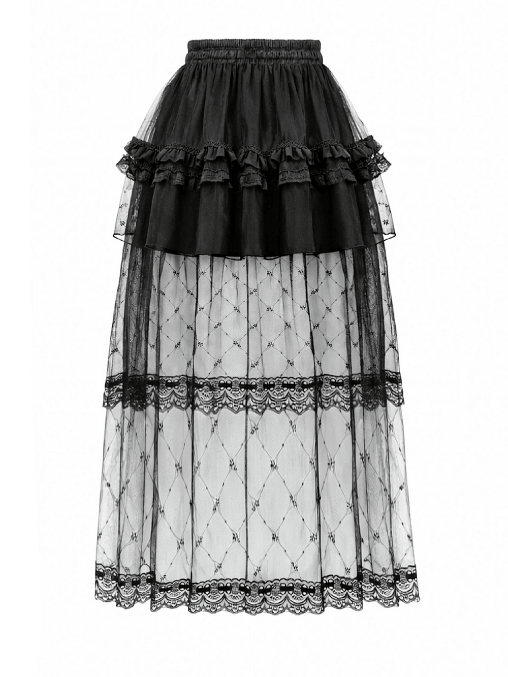 Gothic Layered Tulle Skirt with Lace Overlay Panels