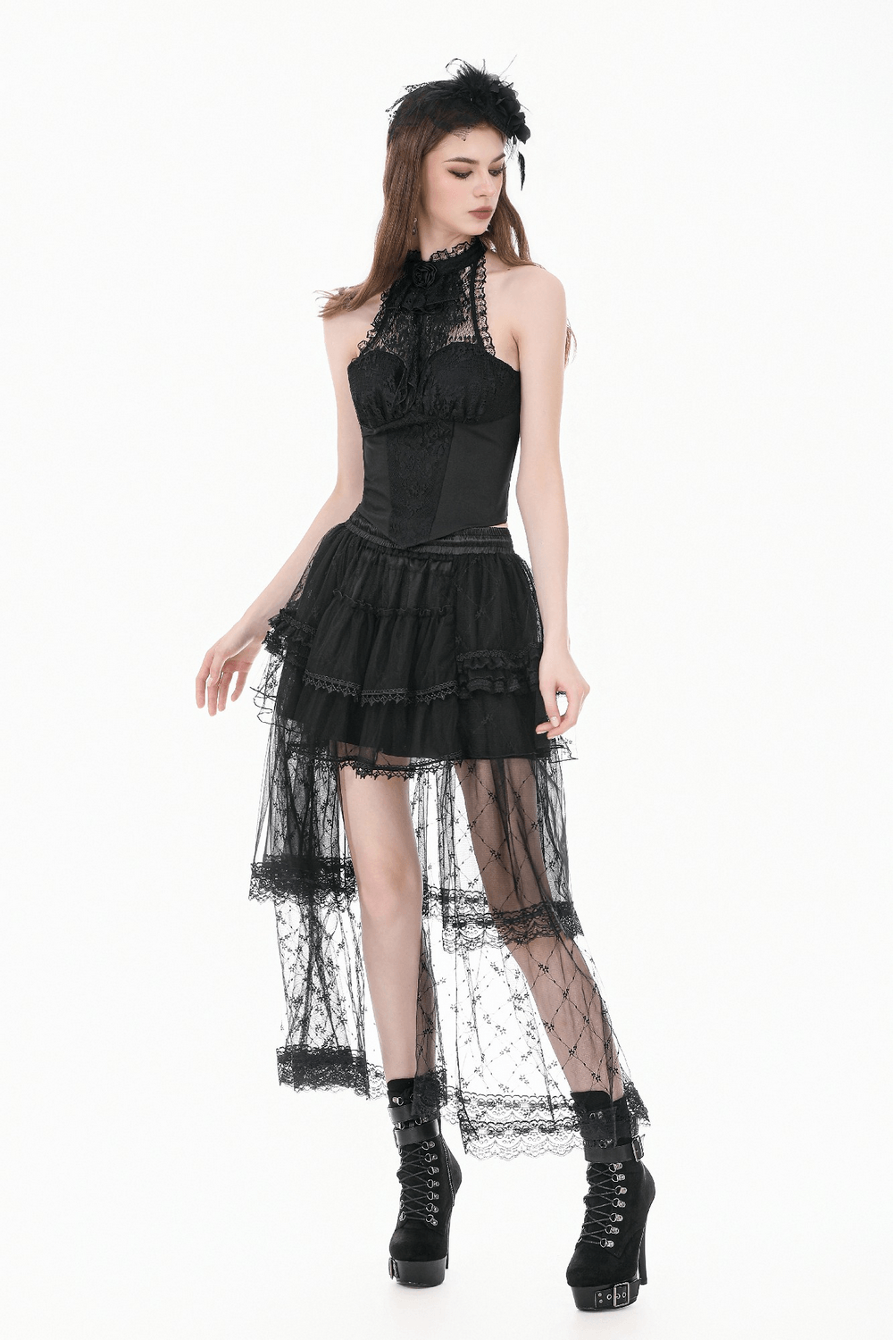 Gothic Layered Tulle Skirt with Lace Overlay Panels