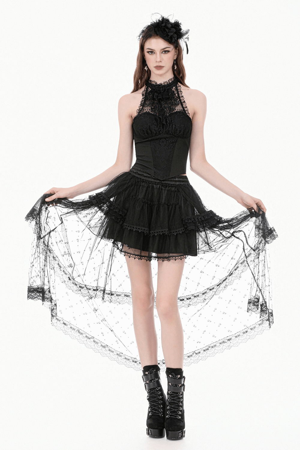 Gothic Layered Tulle Skirt with Lace Overlay Panels