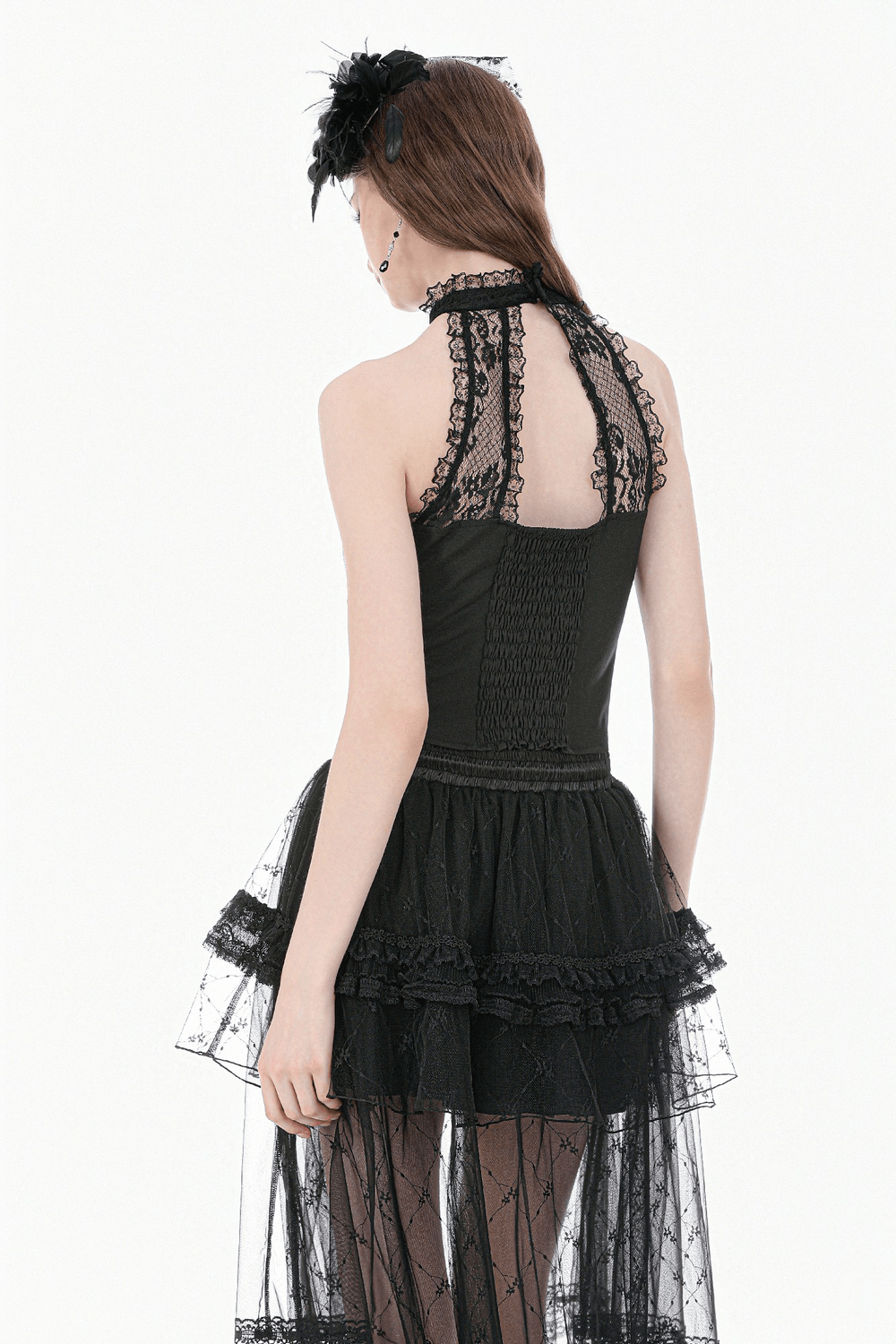 Gothic Layered Tulle Skirt with Lace Overlay Panels