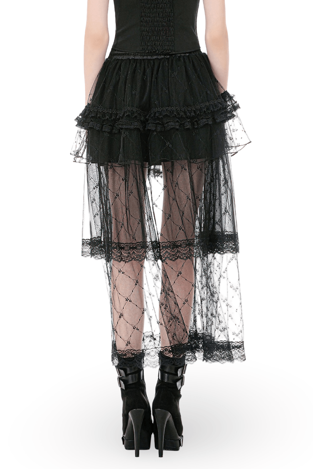 Gothic Layered Tulle Skirt with Lace Overlay Panels