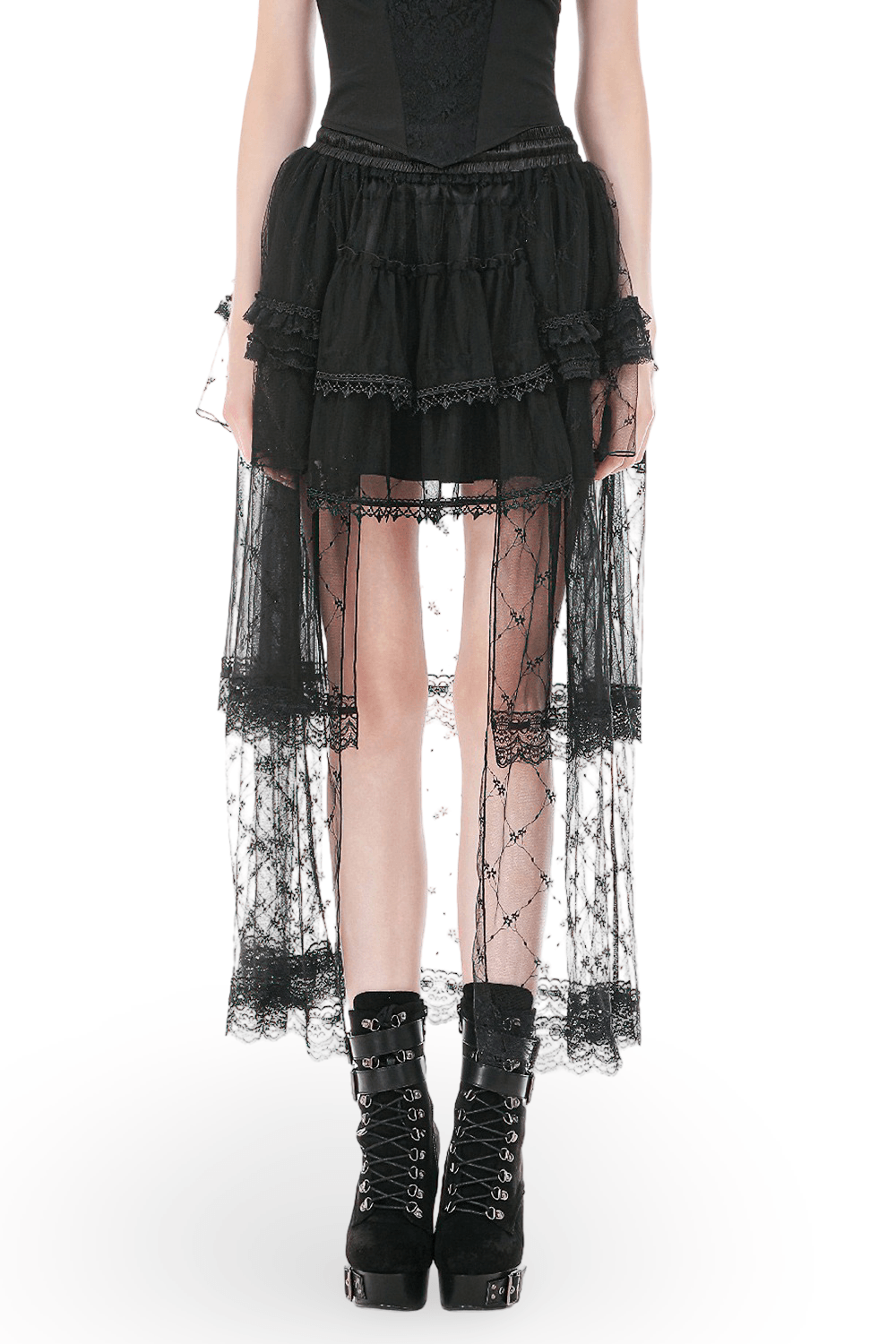 Gothic Layered Tulle Skirt with Lace Overlay Panels