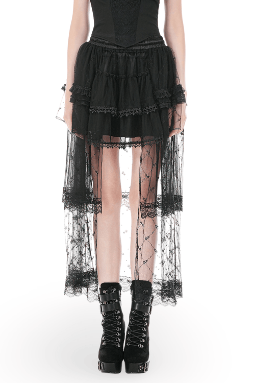 Gothic Layered Tulle Skirt with Lace Overlay Panels