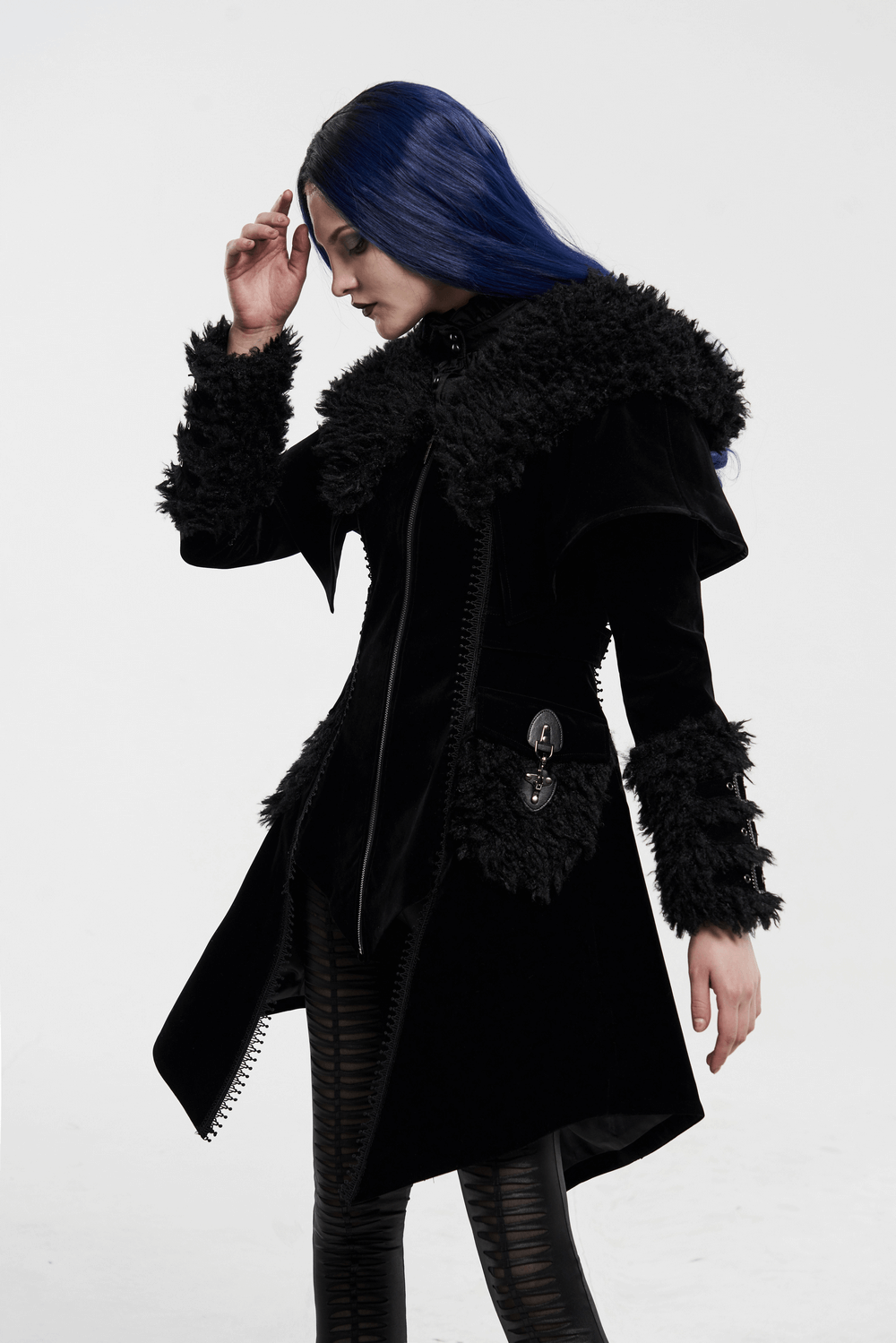 Gothic layered velvet cloak with faux fur trim, elegant design, and gunmetal accents, perfect for edgy fashion lovers.