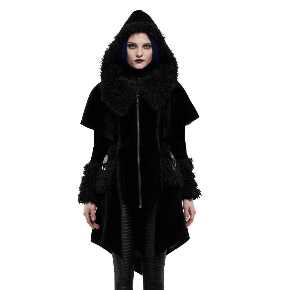 Gothic layered velvet cloak with faux fur trim and hood, featuring unique buckle accents and a stylish silhouette.