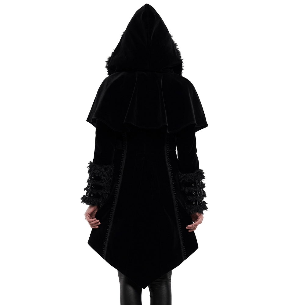 Back view of a Gothic layered velvet cloak with faux fur trim and hood, featuring stylish buckle accents.