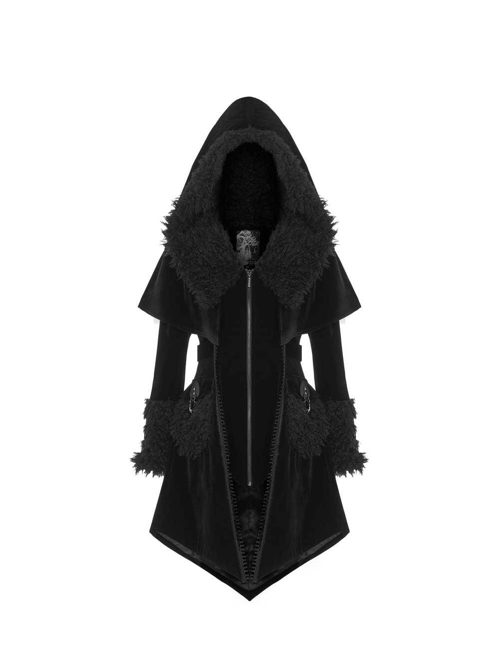 Gothic layered velvet cloak with faux fur trim, featuring a hood and decorative buckle accents.