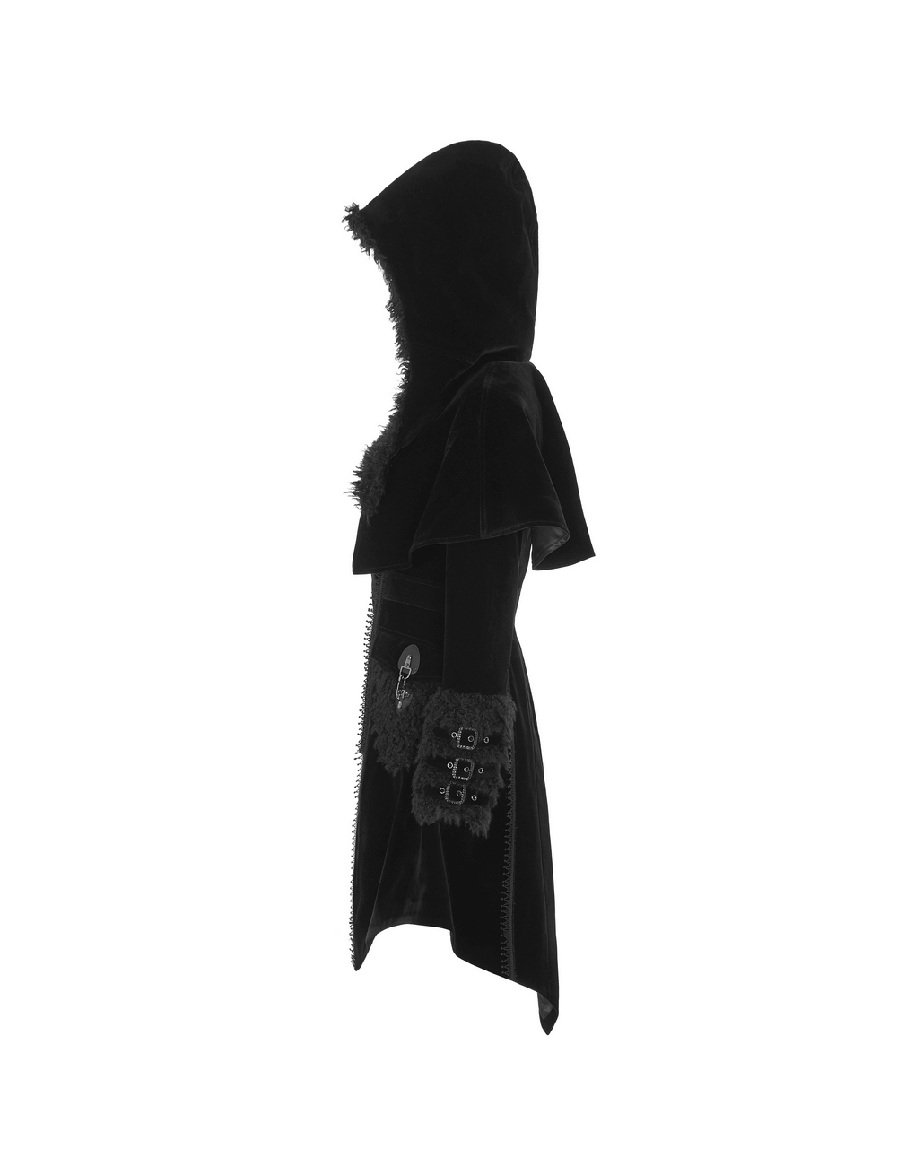 Gothic layered velvet cloak with faux fur trim, featuring a hood and stylish buckle accents.