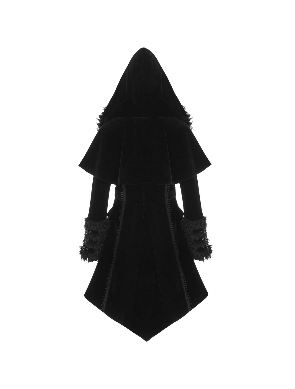 Elegant Gothic layered velvet cloak with faux fur trim and hood, showcasing luxurious dark fashion.