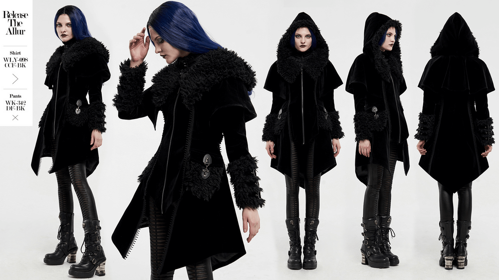Gothic layered velvet cloak with faux fur trim, featuring a hood and stylish buckle details, blending elegance and edge.