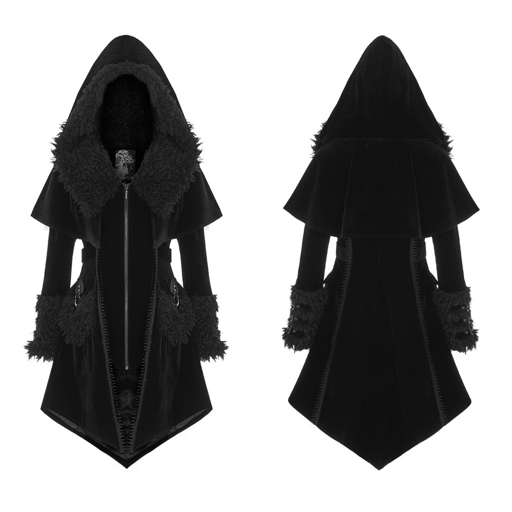 Gothic layered velvet cloak with faux fur trim, featuring elegant design and removable waist bag.