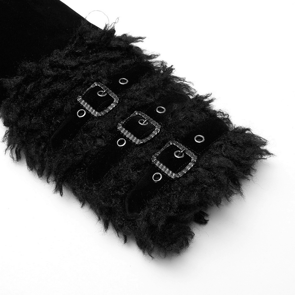 Close-up of faux fur trimmed sleeve with gunmetal buckles on gothic velvet cloak, showcasing intricate details.